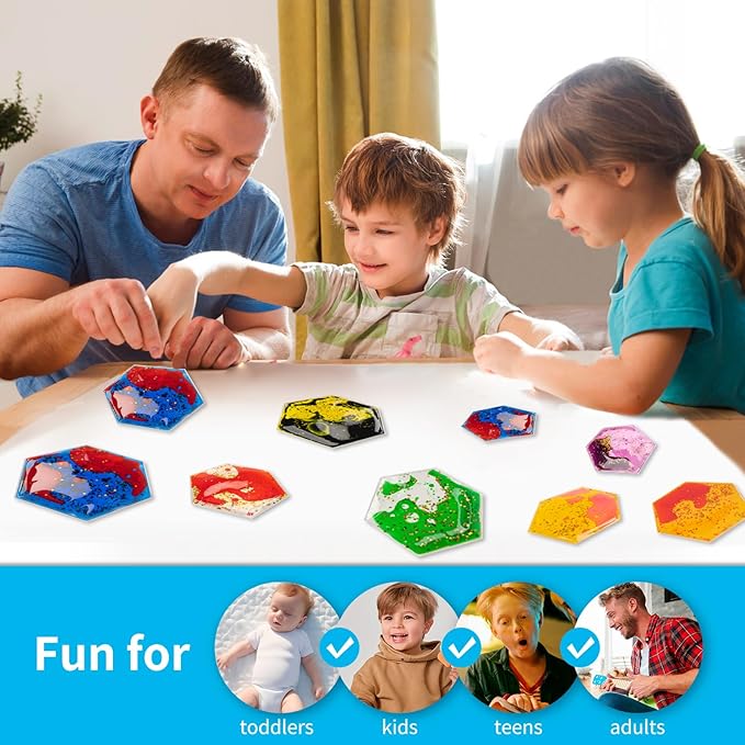 Art3d Hexagon Sensory Fidget Liquid Motion Tiles for Kids, Toddler, Teens - Interactive Soft Gel Liquid Play Mats for Home, Schools, Playrooms, Multi-Pack of 12 Tiles