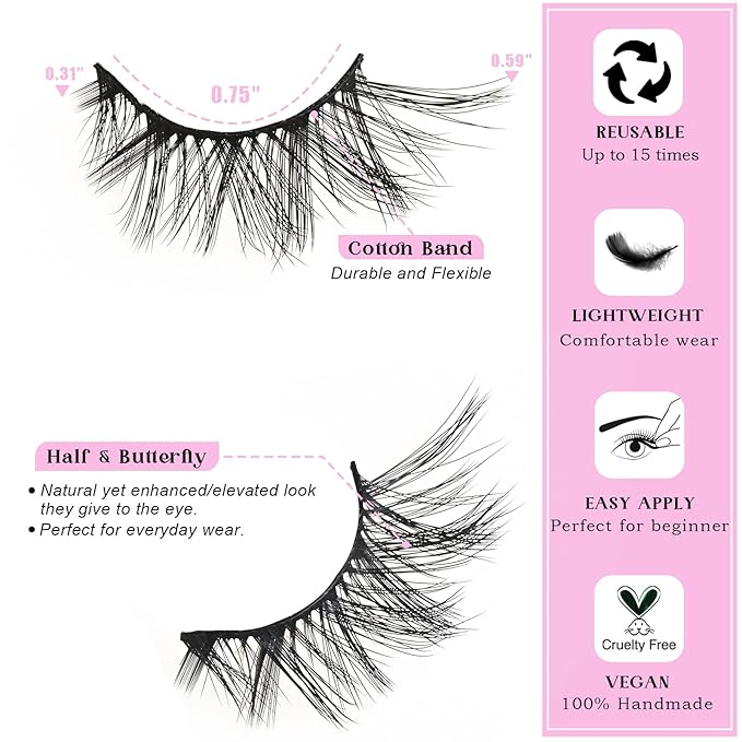 Half Lashes False Half Eyelashes Cateye Wispy Lash Natural Look 14 Pairs Fake Eyelash Strips 8-15mm 3D Fluffy Lashes Pack for Women