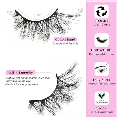 Half Lashes False Half Eyelashes Cateye Wispy Lash Natural Look 14 Pairs Fake Eyelash Strips 8-15mm 3D Fluffy Lashes Pack for Women