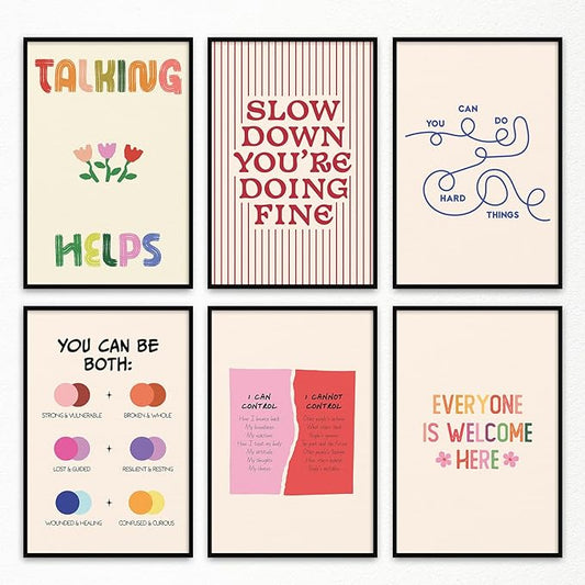 6pcs Mental Health Canvas Wall Art, You Can Do Hard Things Positive Affirmations Poster, Everyone Is Welcome Here Encouraging Print, Circle of Control Therapy Office Wall Decor 16x24in Framed