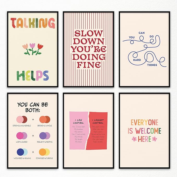 6pcs Mental Health Canvas Wall Art, You Can Do Hard Things Positive Affirmations Poster, Everyone Is Welcome Here Encouraging Print, Circle of Control Therapy Office Wall Decor 12x16in Wrapped Canvas