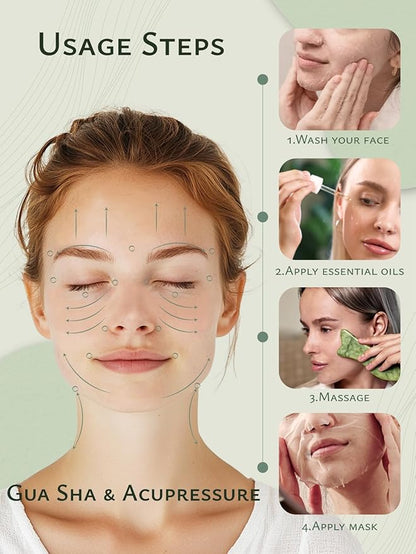 Rena Chris Natural Jade Gua Sha Facial Tools - Acupressure & Gua Sha for Face Massage, Jawline Sculpting, Puffiness Reduction, Guasha Skin Care Tool with Carry Pouch and Cleaning Cloth