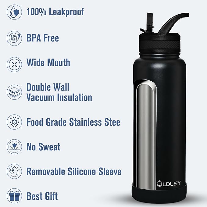 OLDLEY 40 oz Insulated Water Bottle With Straw, Stainless Steel Sports Water Cup Flask with 3 Lids(Straw, Spout and Handle Lid) Double Walled Travel Thermal Canteen Mug,Black