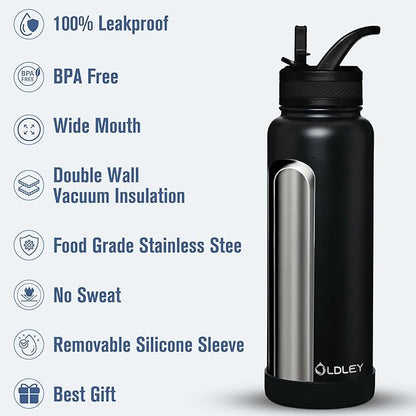OLDLEY 40 oz Insulated Water Bottle With Straw, Stainless Steel Sports Water Cup Flask with 3 Lids(Straw, Spout and Handle Lid) Double Walled Travel Thermal Canteen Mug,Black