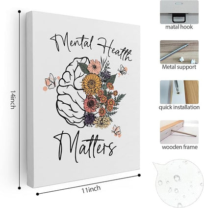 APJYM Mental Health Wall Decor, Mental Health Matters Flower Brain Canvas Wall Art, Therapist Office School Counselor Office Decor, 11x14 Inches