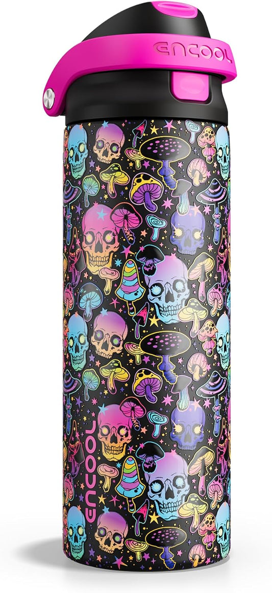 Halloween Gothic Water Bottle with Straw, Stainless Steel Insulated Water Bottle,Leak Proof, One-Touch Flip Lid, BPA Free, Holiday Gifts For Women Men, 24oz, Trippy Skulls