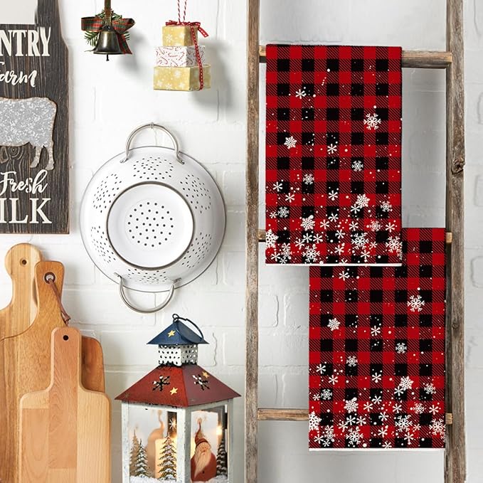 Artoid Mode Red Buffalo Plaid Snowflakes Christmas Kitchen Towels Dish Towels, 18x26 Inch Farmhouse Holiday Winter Decoration Cleaning Set of 2