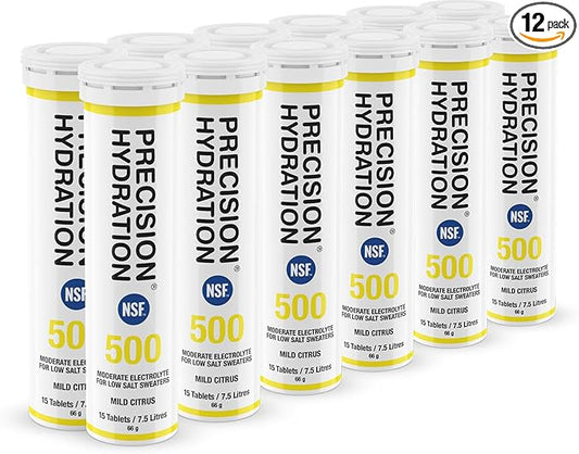 Precision Hydration Electrolyte Tablets - Multi Strength Effervescent Hydration Tablets - Combats Cramp - Low Calorie, Gluten Free, Vegan Friendly (12 Tubes, 500mg/L - Yellow Tube)