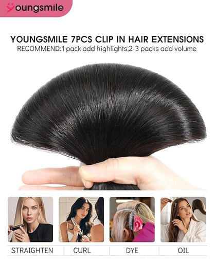 Youngsmile Clip in Hair Extensions Human Hair,7 Pcs 16 Inch 140 Gram Real Remy Clip in Hair Extensions, #1B Natural Black Silky Straight Double Weft (7C#1B-16Inch)