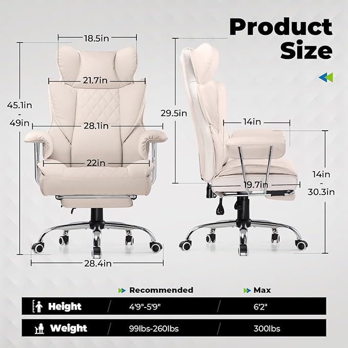 COMHOMA Big and Tall Office Chair, High Back Leather Gaming Chair with Footrest, Executive Ergonomic Office Chairs with Pocket Spring Lumbar Support and with Outward Fixed Soft Armrests