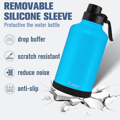 OLDLEY 64 oz Insulated Water Bottle With Straw, Stainless Steel Sports Water Cup Flask with 3 Lids(Straw, Spout and Handle Lid) Double Walled Travel Thermal Canteen Mug,Sky Blue