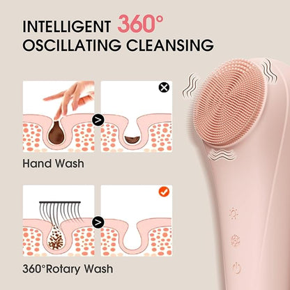 Facial Cleansing Brush,Silicone Face Scrubber,Pore Scrubber for Women Men,IPX7 Waterproof Exfoliating Face Brush,Rechargeable Electric Face Scrub,Pink