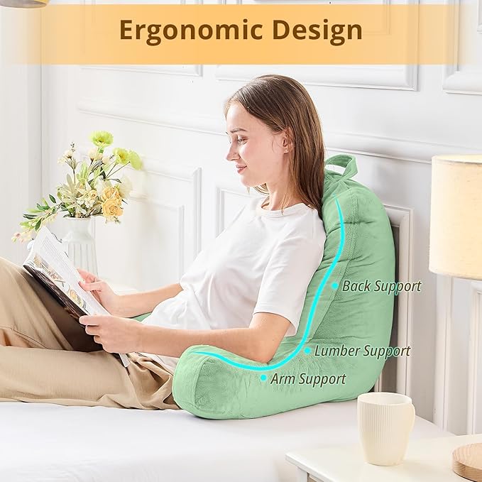 Sasttie Reading Pillow, Velvet Back Pillow for Bed Sitting Up, Adult Back-Rest Support Cushion with Arms for Sit Up on Couch, Sofa, and Floor, Dorm Essentials, Reading Accessories, Light Green