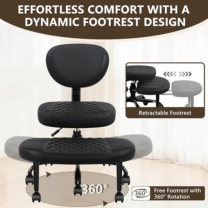 Ergonomic Cross Legged Office Chair with Wheels - Adjustable Height for Meditation, ADHD Desk & Yoga - Wide Criss Cross Design with Lumbar Support, Kneeling Chair - Black