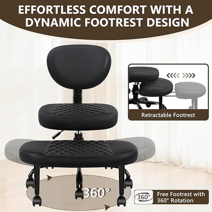 Ergonomic Cross Legged Office Chair with Wheels - Adjustable Height for Meditation, ADHD Desk & Yoga - Wide Criss Cross Design with Lumbar Support, Kneeling Chair - Black