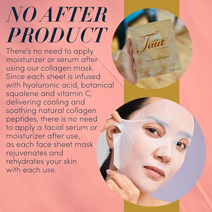 TAUT Collagen Face Mask – 5 Sheet Pack with Hyaluronic Acid, Marine Collagen & Vitamin C – Hydrating, Anti-Aging Sheet Mask for Firm, Glowing Skin – Korean Skincare Inspired