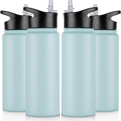 24 oz Insulated Water Bottle Bulk 4 Pack, Stainless Steel Sports Water Bottles with Straw Lid & Wide Mouth Lids, Double Walled Vacuum, Leak Proof, Turquoise Blue