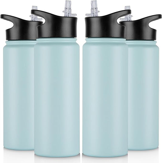 24 oz Insulated Water Bottle Bulk 4 Pack, Stainless Steel Sports Water Bottles with Straw Lid & Wide Mouth Lids, Double Walled Vacuum, Leak Proof, Turquoise Blue