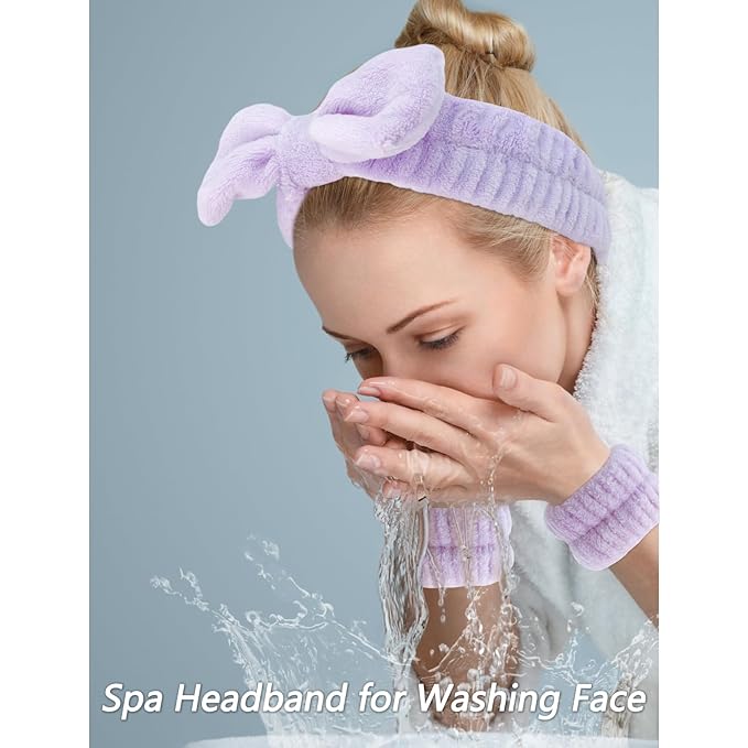 VELSCRUN Spa Headbands for Wash Face, Makeup Headband, Facial Skincare Headbands, 5 Pcs Purple Puffy Sponge Spa Headband Bow Tie Hair Band Hair Clips Wristband Set Women Girls Accessories