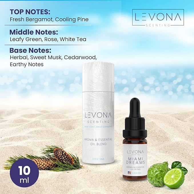 Levona Scent Essential Oils for Diffusers for Home: Miami Dreams Hotel & Home Luxury Scents Fragrance - Aroma Oil with Notes of Bergamot Oil & Pine Essential Oil -10 Ml Scented Oils for Diffuser
