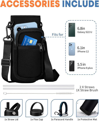 40/64/128 oz Insulated Water Bottle with Straw - Flex Cap Lids, Paracord Handle, Bottle Carrier Bag w/Strap, Vacuum Stainless Steel 40oz Water Bottles, Double Wall Flask Metal Water Flask Jug