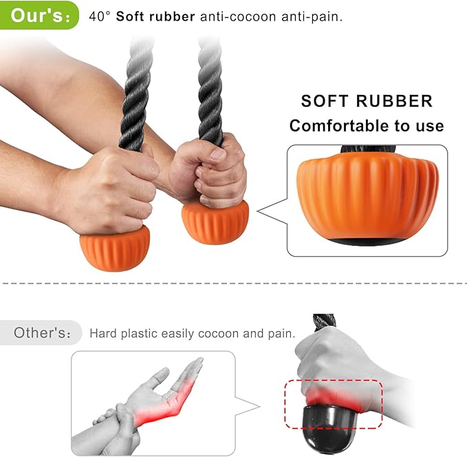 SELEWARE Triceps Rope with Non-Slip Soft Rubber Ends Home Gym Cable Attachment Workout Accessories 28 & 36 inches Long LAT Pulldown Attachment Black and Orange