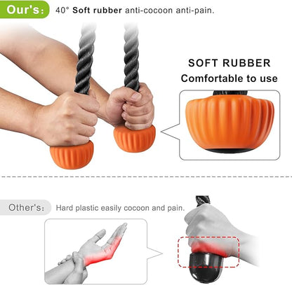 SELEWARE Triceps Rope with Non-Slip Soft Rubber Ends Home Gym Cable Attachment Workout Accessories 28 & 36 inches Long LAT Pulldown Attachment Black and Orange