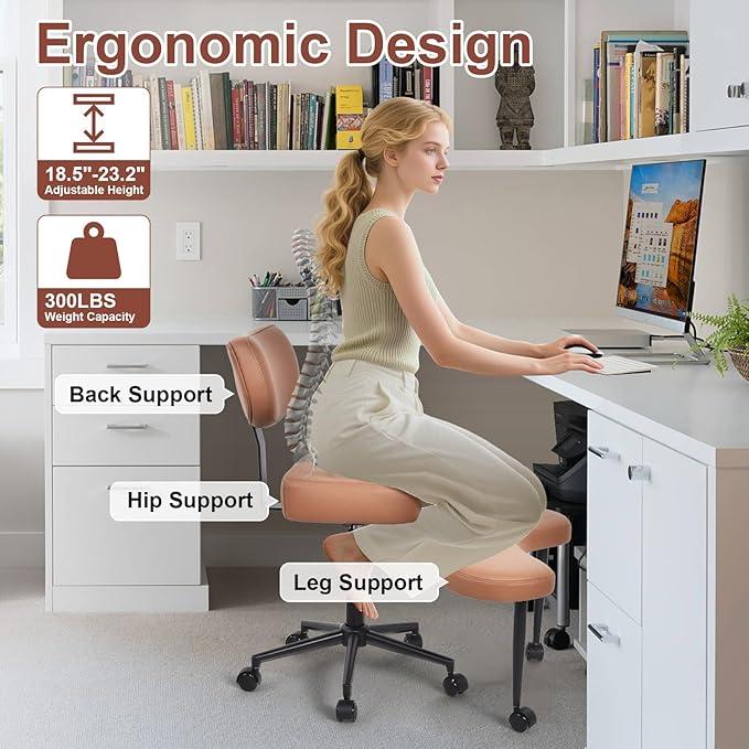 Meditation Chair, Cross Legged ADHD Office Chair for Adults with Wheels Ergonomic Back Support and Leg Rest for Multi Position Criss Cross Sitting Kneeling and Yoga Height Adjustable, Leather Style