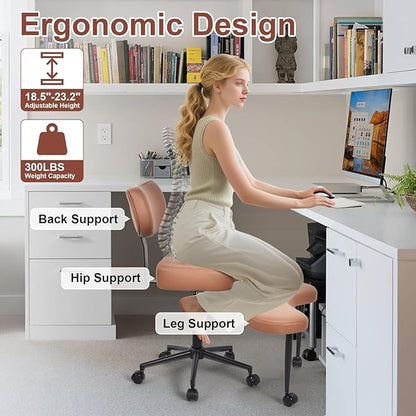 Meditation Chair, Cross Legged ADHD Office Chair for Adults with Wheels Ergonomic Back Support and Leg Rest for Multi Position Criss Cross Sitting Kneeling and Yoga Height Adjustable, Leather Style