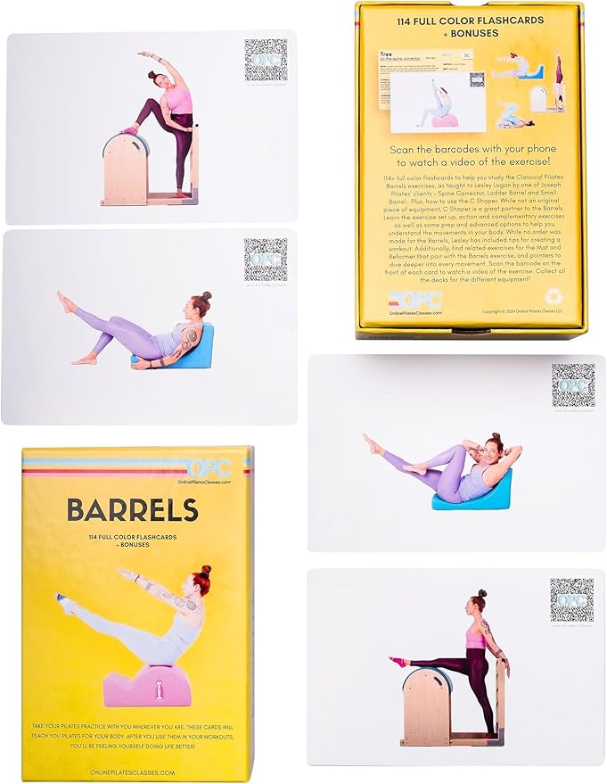 OnlinePilatesClasses Pilates Barrels Flashcards, Deck Cards Set with Video Tutorial for Spine Corrector, Ladder Barrel, Small Barrel & C-Shaper Exercise, Home Gym Workout, Barrel Arc Not Included