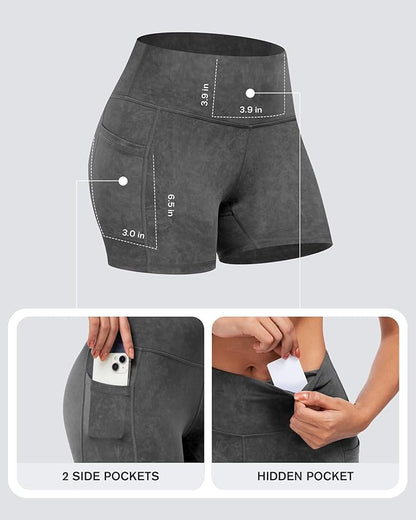 CHRLEISURE Womens Biker Yoga Shorts with Pockets: High Waisted Tummy Control Spandex Workout Athletic Gym Shorts 4 Packs