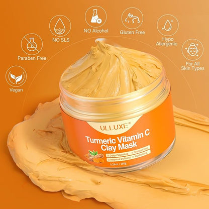 Turmeric Vitamin C Clay Mask for Dark Spots, Dull Skin, Moisturizing, Skincare Facial Mask for Blackheads and Pores Cleansing, Improve Uneven Skin Tone, Face Skincare Gift, 5.29 oz