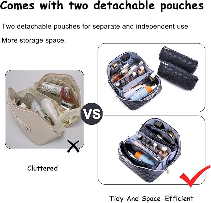 BOYATU Travel Makeup Bag Organizer Cosmetic Bag: 3 Pcs Set Make up Bags for Women with Handle - Waterproof Vegan Leather Toiletry Bags Travel Essentials Pouch with Compartments (C-12-Dark Blue)