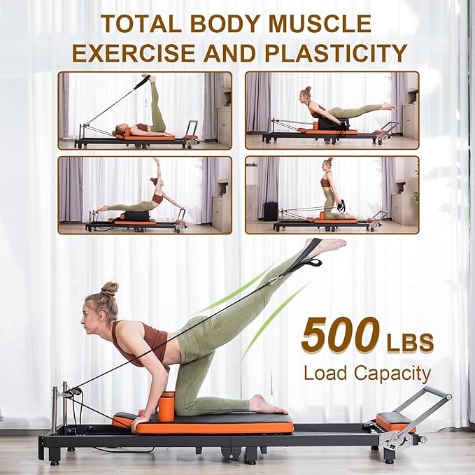 Pilates Reformer,Foldable Pilates Machine for Home Use and Gym Workout,Suitable for Advanced and Beginners Users ,Pilates Equipment with 4 Springs&5 Resistance Cords
