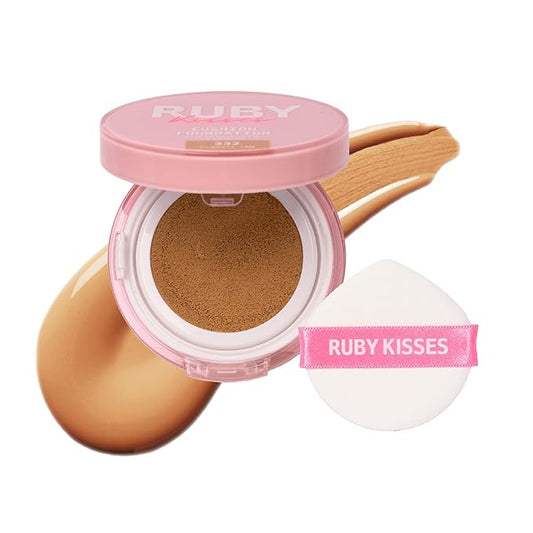 Ruby Kisses Cushion Foundation, Full Coverage Korean Makeup, Lightweight & Long Lasting, All Day Natural Glowy Finish for All Skin Types with Hyaluronic Acid & Bakuchiol (Classic Tan, 0.52 Ounce)