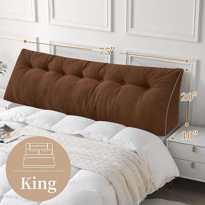 Sasttie Headboard Pillow King, Wedge Pillow Headboard for Sitting Up in Bed, Back-Rest Support Triangular Cushion for Reading - Features Removable Washable Cover, Brown