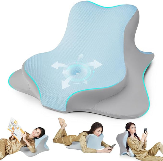 Reading Pillow for Bed, Lying, Leaning and Prone, Ergonomic Memory Foam Bed Wedge Pillow for Headboard, Chin & Back Support Pillows on Bedrest Couch Floor- Blue