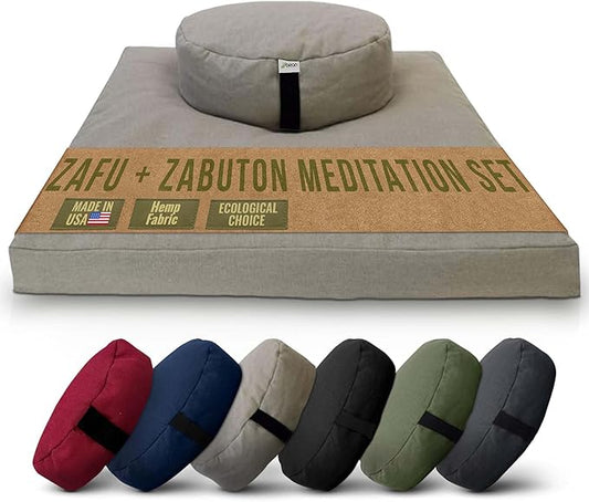 Meditation Cushion Mat Set HEMP - Large Oval Zafu Floor Pillow Organic Buckwheat Pillow + Cotton Filled HEMP Zabuton Prayer Pad - Meditation Pillow Yoga Knee Pad Made in USA - 18" Oval, NATURAL Hemp