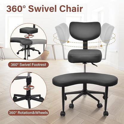 Meditation Chair, Cross Legged ADHD Office Chair for Adults with Wheels Ergonomic Back Support and Leg Rest for Multi Position Criss Cross Sitting Kneeling and Yoga Height Adjustable, Leather Style