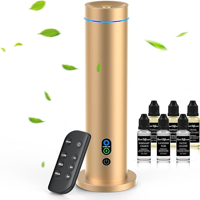 Waterless Diffuser, 1000 Sq.Ft Coverage, Essential Oil Diffuser with Tilt-Safe, Remote Control, Adjustable Mist Mode, Mood Lights Aromatherapy Diffuser for Home, Large Room, Office, Hotel, Gold