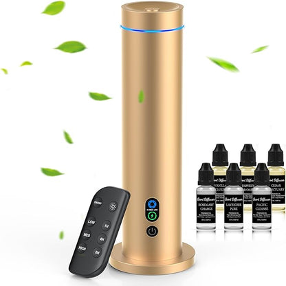 Waterless Diffuser, 1000 Sq.Ft Coverage, Essential Oil Diffuser with Tilt-Safe, Remote Control, Adjustable Mist Mode, Mood Lights Aromatherapy Diffuser for Home, Large Room, Office, Hotel, Gold