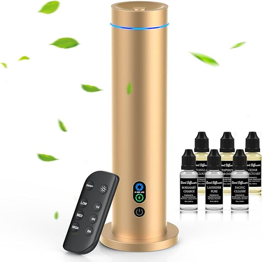 Waterless Diffuser, 1000 Sq.Ft Coverage, Essential Oil Diffuser with Tilt-Safe, Remote Control, Adjustable Mist Mode, Mood Lights Aromatherapy Diffuser for Home, Large Room, Office, Hotel, Gold