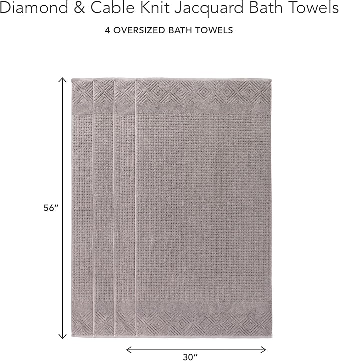 Texere 100% Organic Cotton Diamond Jacquard 700 GSM Luxury Bath Towel Sets - Ultra Soft and Absorbent Hotel and Spa Quality (Diamond, Cathedral Gray, 4 Bath Towels)