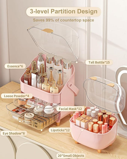 Makeup Organizer with Lipstick Holder, Skincare Organizers Storage Box Cosmetic Display Cases, Teen Girl Gifts Make up Organizers for Vanity, Dresser, Countertop, Bathroom(Pink)