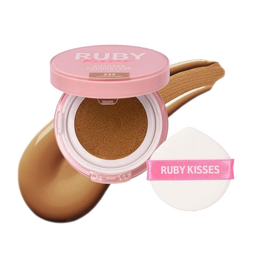Ruby Kisses Cushion Foundation, Full Coverage Korean Makeup, Lightweight & Long Lasting, All Day Natural Glowy Finish for All Skin Types with Hyaluronic Acid & Bakuchiol (Cappuccino, 0.52 Ounce)
