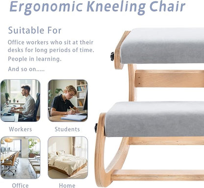 Ergonomic Office Kneeling Chair,Wooden Posture Knee Desk Chair for Work,Yoga Rocking Chairs for Relieve Back Pain,Kneel Adjustable Chair for Gaming,Home