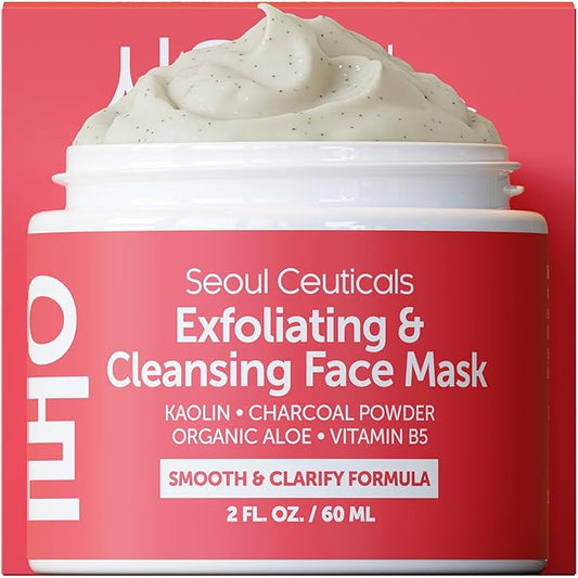 SeoulCeuticals Korean Face Scrub - Exfoliating Face Mask Skincare K Beauty Mask for Glass Skin - Kaolin Clay + Charcoal Cream Exfoliant Mask 2oz