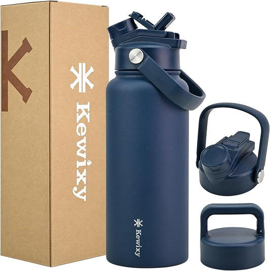 32 oz Insulated Water Bottle, 2-in-1 Lid, Straw & Spout with Protected, Leak Proof, Keep Cold, Stainless Steel, Metal, Reusable, Handle, for Outdoor, Gym and School, 2 Lids, Denim Blue