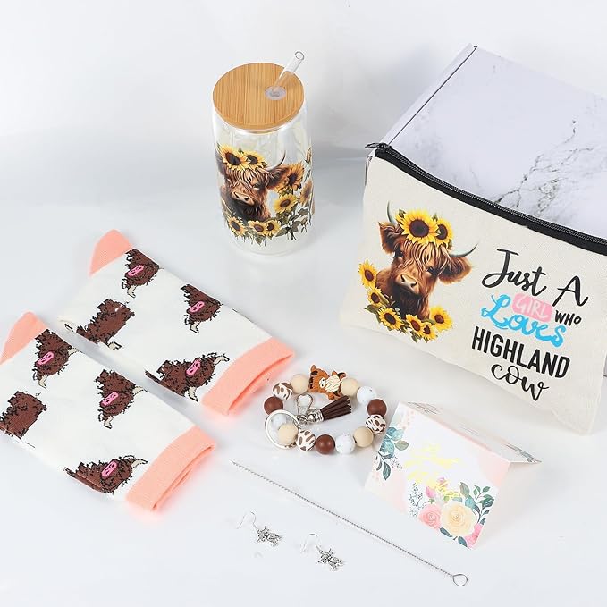 SAIWEILAI ONLINE 6 Pieces Highland Cow Gifts Set for Women Highland Cow Lovers 16oz Glass Cups Just a Girl Who Loves Highland Cows Makeup Bag Socks Keychain Earrings and Gift Box for Sister Friends