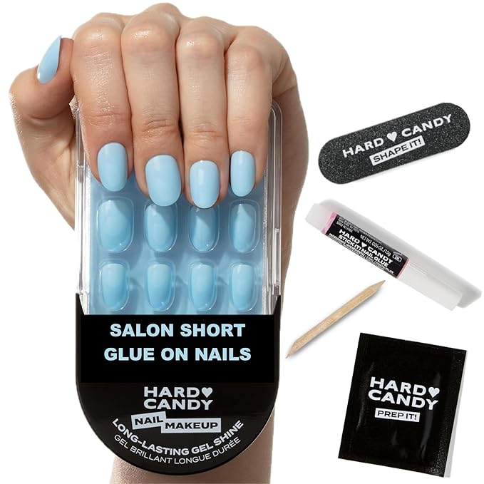 Short Baby Blue Press On Nails - Hard Candy Glue On Nails | Short Round False Nails with Real Light Blue Polish | 24 Nail Kit in 12 Sizes, Strong Glue & Reusable Travel Case Included.